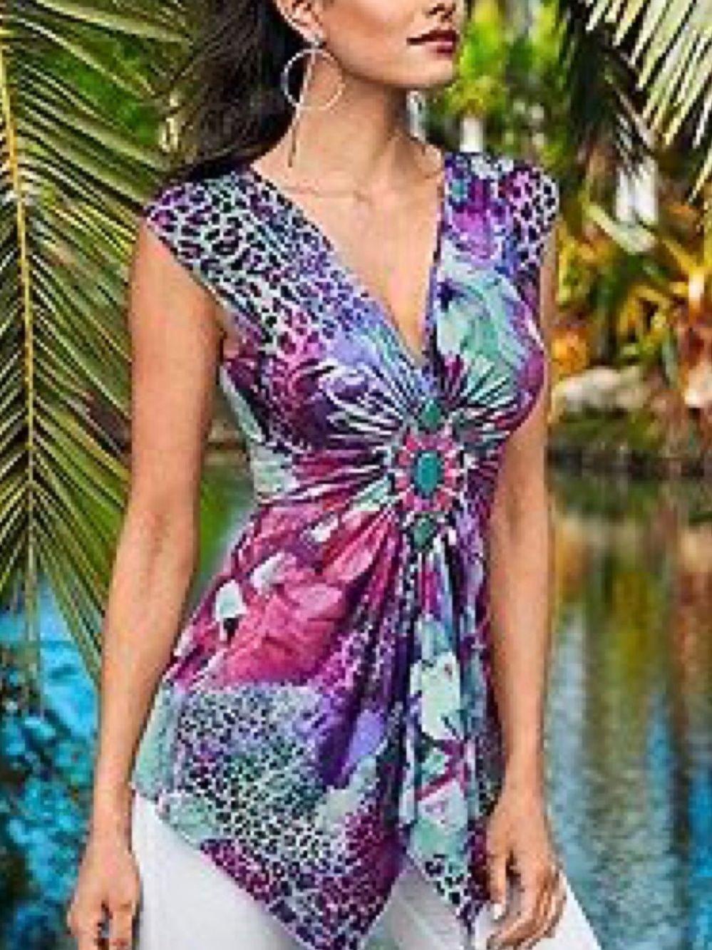 VENUS Floral Leopard Twist-Front V-Neck Tunic Sz L SKU: 0914-18